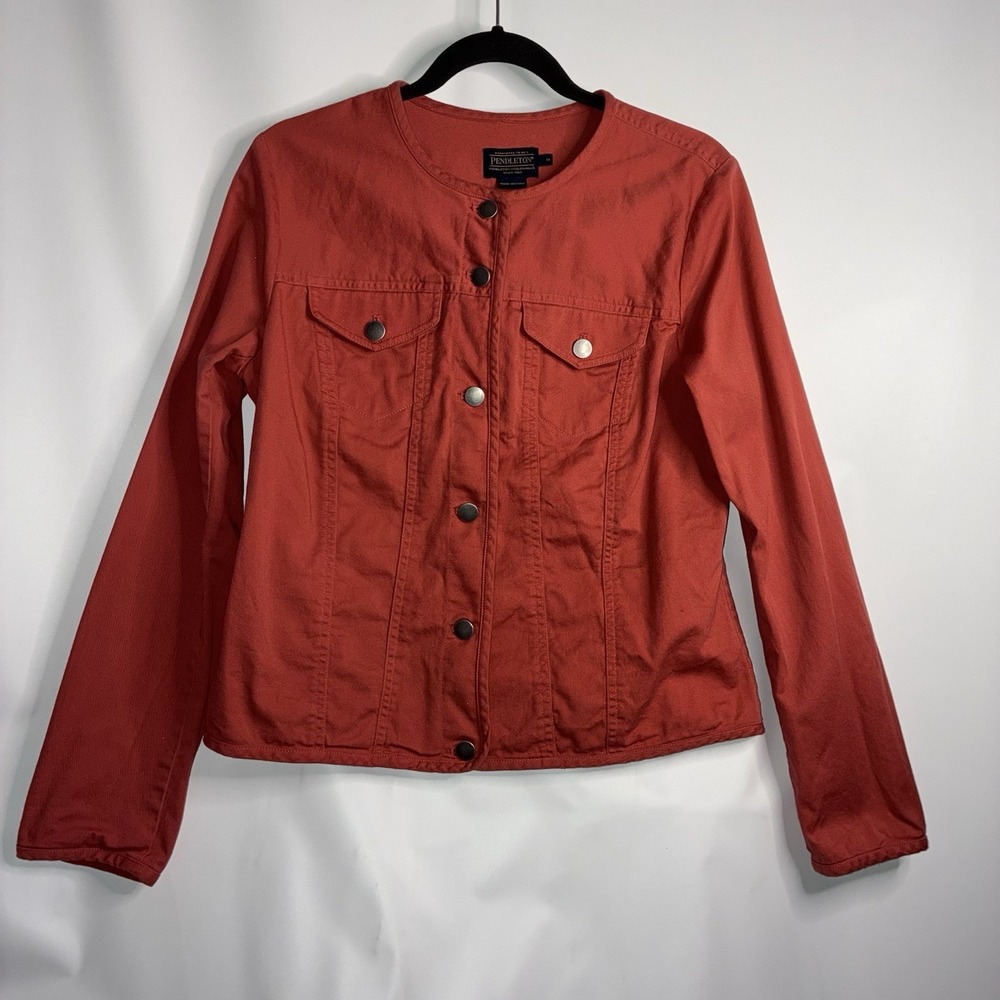 Pendleton Jacket Women Medium Coral Pink Button Up Cotton Blend Denim Round Neck